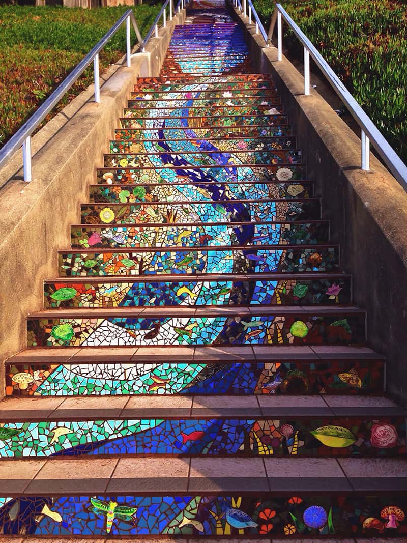 Colorful mosaic stairway in Goldengate Heights, San Francisco, CA
