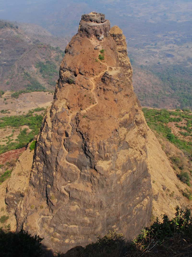 Prabalgad Fort dating from around 1458. Carved out of the rock at an an elevation of 2,300 feet. Maharashtra, India.