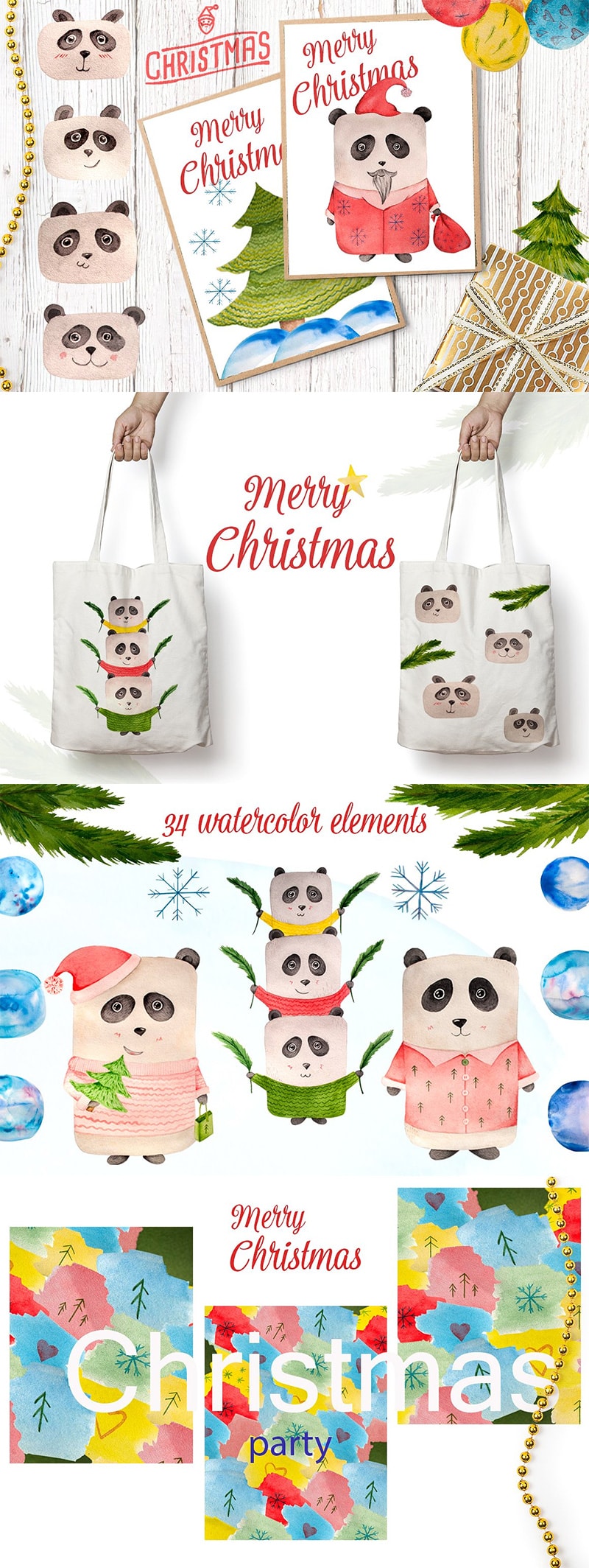Watercolor Christmas Panda
